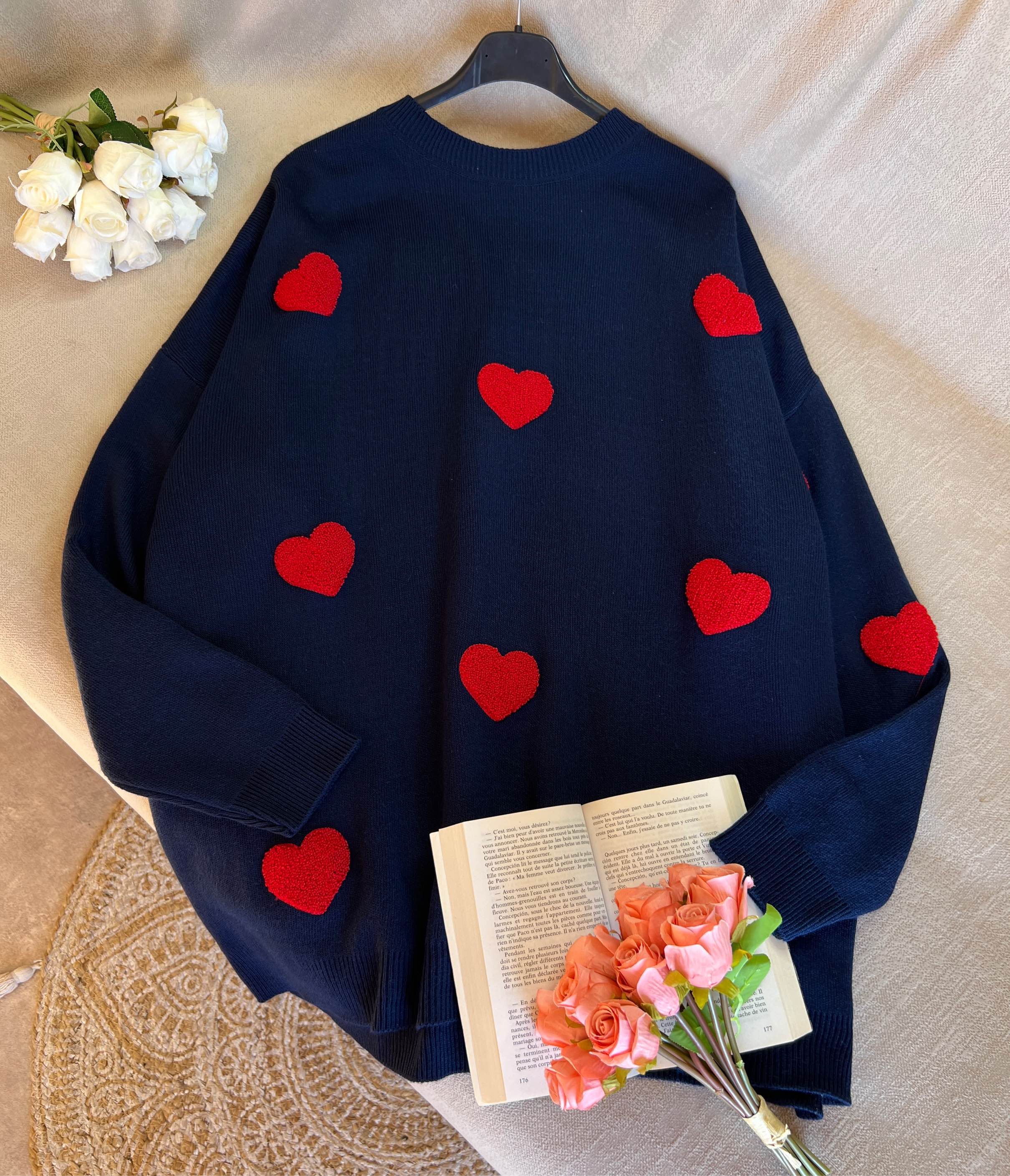 Pull cœurs bleu nuit